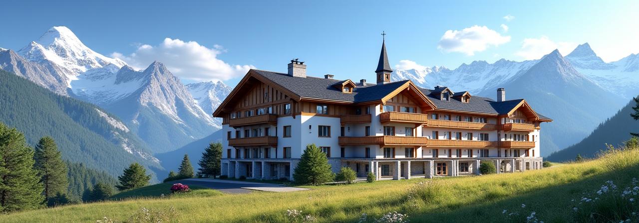 Fassade des Hotel Bellevue in den Alpen.