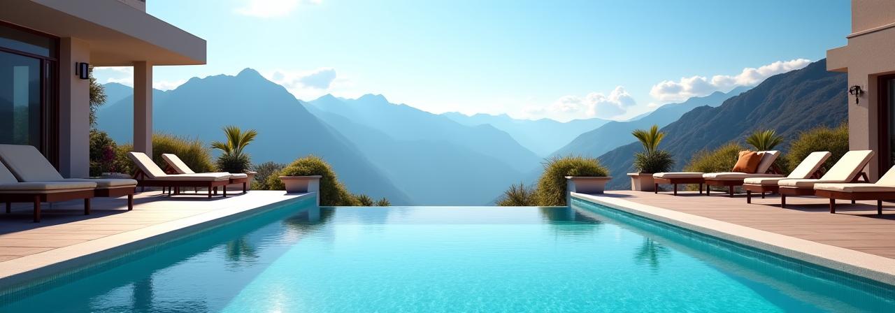 Poolbereich des Resort Victoria mit Bergsicht.